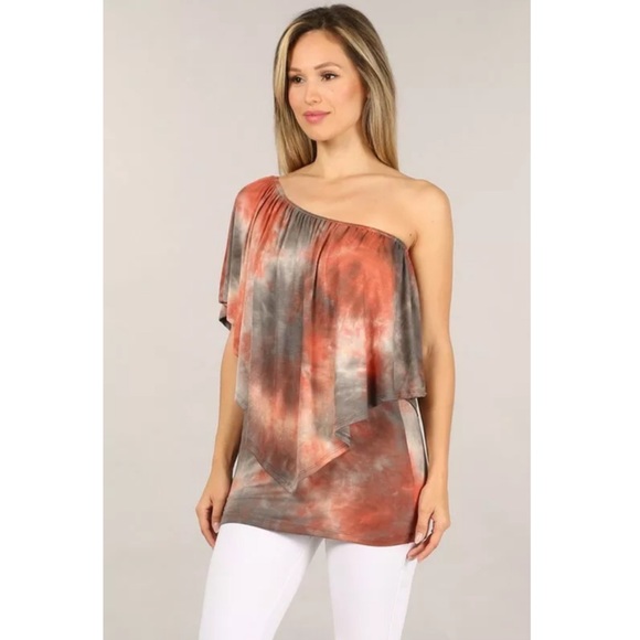 Rust Gray Multi Way Tie Dye Boho One Shoulder Top - Picture 4 of 8